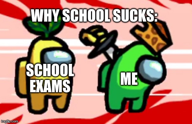 SCHOOL MADE ME FEEL LIKE: | WHY SCHOOL SUCKS:; ME; SCHOOL EXAMS | image tagged in among us stab,school meme | made w/ Imgflip meme maker