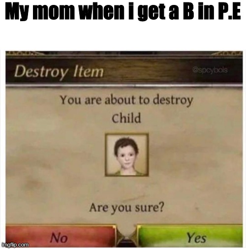 You are about to destroy Child | My mom when i get a B in P.E | image tagged in you are about to destroy child | made w/ Imgflip meme maker