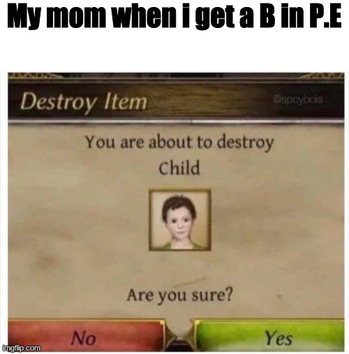 You are about to destroy Child | My mom when i get a B in P.E | image tagged in you are about to destroy child,funny | made w/ Imgflip meme maker
