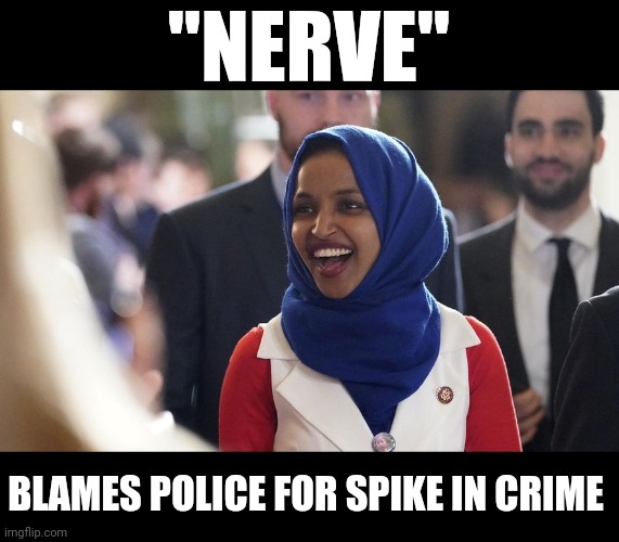 Omar | "NERVE"; BLAMES POLICE FOR SPIKE IN CRIME | image tagged in rep ilhan omar | made w/ Imgflip meme maker