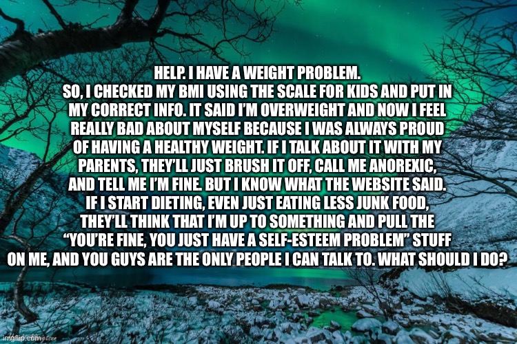 Northern Lights Announcement | HELP. I HAVE A WEIGHT PROBLEM. SO, I CHECKED MY BMI USING THE SCALE FOR KIDS AND PUT IN MY CORRECT INFO. IT SAID I’M OVERWEIGHT AND NOW I FEEL REALLY BAD ABOUT MYSELF BECAUSE I WAS ALWAYS PROUD OF HAVING A HEALTHY WEIGHT. IF I TALK ABOUT IT WITH MY PARENTS, THEY’LL JUST BRUSH IT OFF, CALL ME ANOREXIC, AND TELL ME I’M FINE. BUT I KNOW WHAT THE WEBSITE SAID. IF I START DIETING, EVEN JUST EATING LESS JUNK FOOD, THEY’LL THINK THAT I’M UP TO SOMETHING AND PULL THE “YOU’RE FINE, YOU JUST HAVE A SELF-ESTEEM PROBLEM” STUFF ON ME, AND YOU GUYS ARE THE ONLY PEOPLE I CAN TALK TO. WHAT SHOULD I DO? | image tagged in northern lights announcement | made w/ Imgflip meme maker