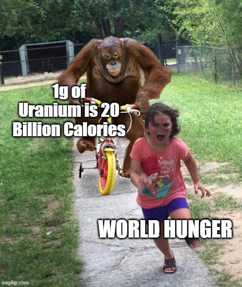 Uranium is the new source of food...? | 1g of Uranium is 20 Billion Calories; WORLD HUNGER | image tagged in orangutan chasing girl on a tricycle | made w/ Imgflip meme maker