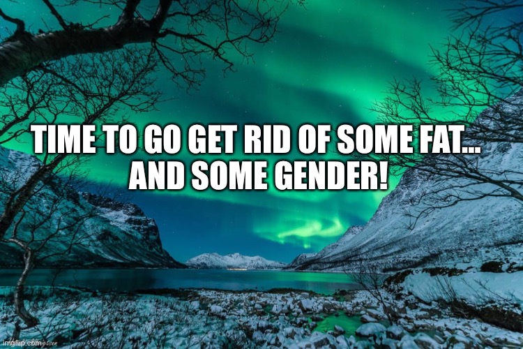I’m gonna go exercise. (The part about gender is because I feel genderless when I work out usually) | TIME TO GO GET RID OF SOME FAT… 
AND SOME GENDER! | image tagged in northern lights announcement | made w/ Imgflip meme maker