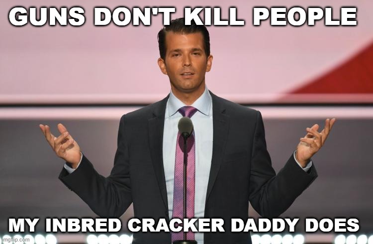 Donald Trump Jr. | GUNS DON'T KILL PEOPLE; MY INBRED CRACKER DADDY DOES | image tagged in donald trump jr,nazis | made w/ Imgflip meme maker