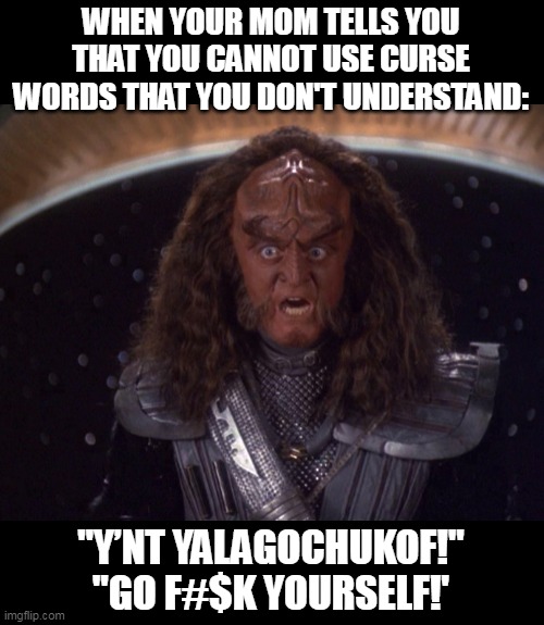 I KNOW THIS ONE! |  WHEN YOUR MOM TELLS YOU THAT YOU CANNOT USE CURSE WORDS THAT YOU DON'T UNDERSTAND:; "Y’NT YALAGOCHUKOF!"
"GO F#$K YOURSELF!' | image tagged in klingon,curse,wtf | made w/ Imgflip meme maker