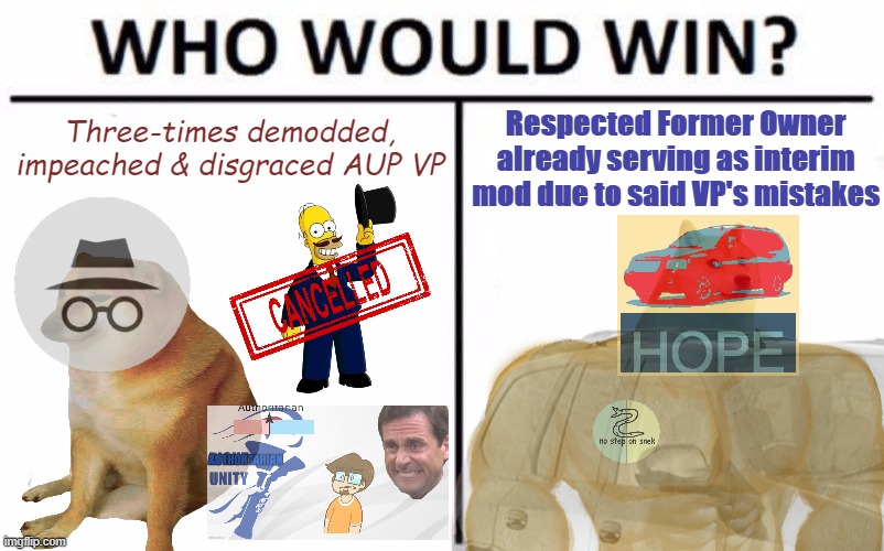 - ah yes, b u f f e n v o y - | Three-times demodded, impeached & disgraced AUP VP; Respected Former Owner already serving as interim mod due to said VP's mistakes | image tagged in buff envoy,envoy hope,cheems,ig,aup,who would sin | made w/ Imgflip meme maker