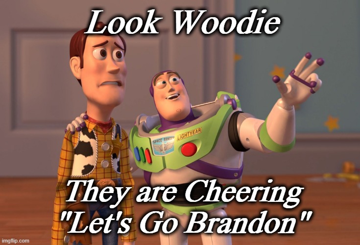X, X Everywhere | Look Woodie; They are Cheering
"Let's Go Brandon" | image tagged in memes,x x everywhere | made w/ Imgflip meme maker