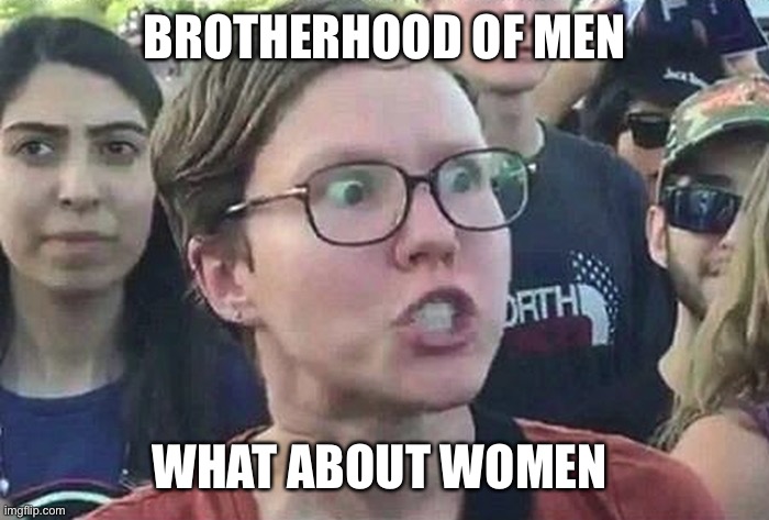 Triggered Liberal | BROTHERHOOD OF MEN WHAT ABOUT WOMEN | image tagged in triggered liberal | made w/ Imgflip meme maker