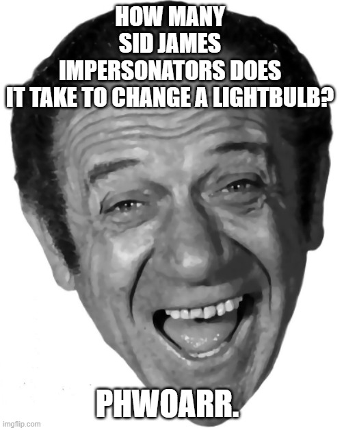 HOW MANY SID JAMES IMPERSONATORS DOES IT TAKE TO CHANGE A LIGHTBULB? PHWOARR. | image tagged in dad joke | made w/ Imgflip meme maker