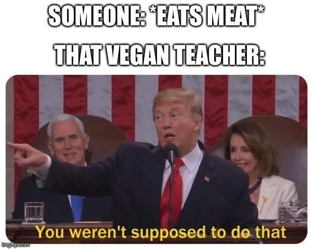 You weren't supposed to do that | SOMEONE: *EATS MEAT*; THAT VEGAN TEACHER: | image tagged in you weren't supposed to do that | made w/ Imgflip meme maker