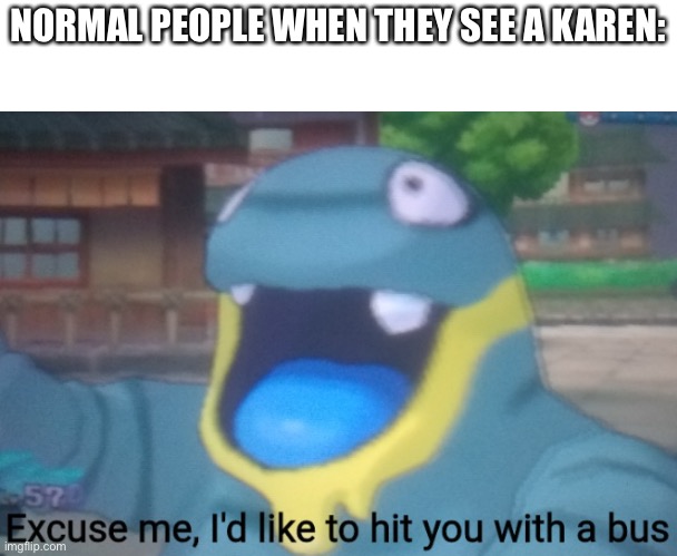 Excuse me I'd like to hit you with a bus | NORMAL PEOPLE WHEN THEY SEE A KAREN: | image tagged in excuse me i'd like to hit you with a bus | made w/ Imgflip meme maker