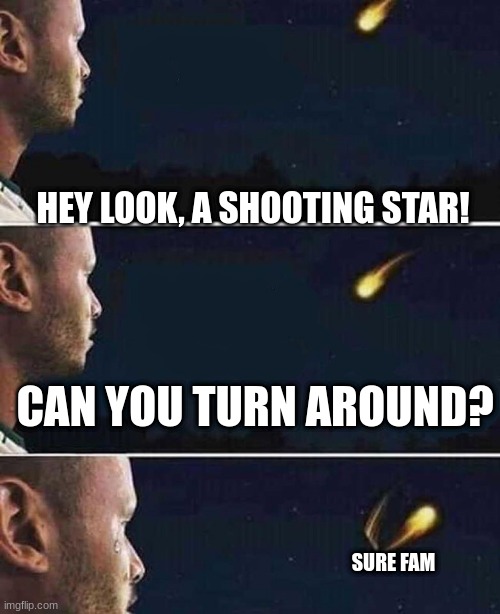 r/bonehurtingjuice | HEY LOOK, A SHOOTING STAR! CAN YOU TURN AROUND? SURE FAM | image tagged in cringe worthy,shooting,star | made w/ Imgflip meme maker