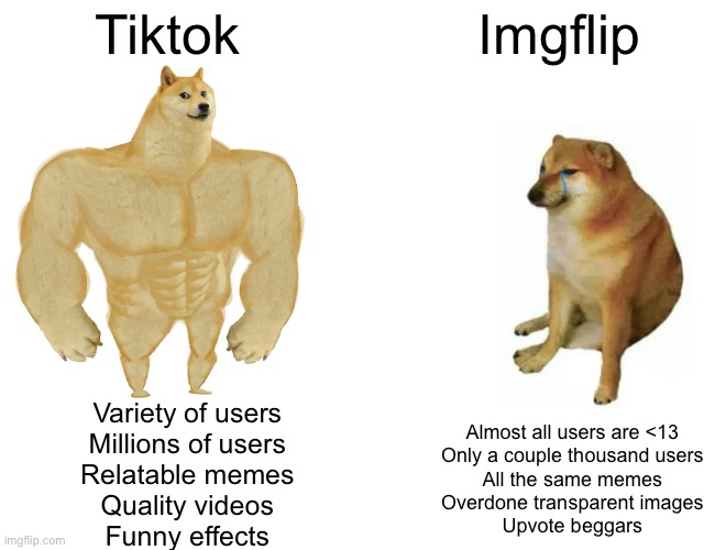 I'm ready for the hate | Tiktok; Imgflip; Variety of users
Millions of users
Relatable memes
Quality videos
Funny effects; Almost all users are <13
Only a couple thousand users
All the same memes
Overdone transparent images
Upvote beggars | image tagged in memes,buff doge vs cheems,here it comes,hate me all you want,so true memes,jack sparrow being chased | made w/ Imgflip meme maker