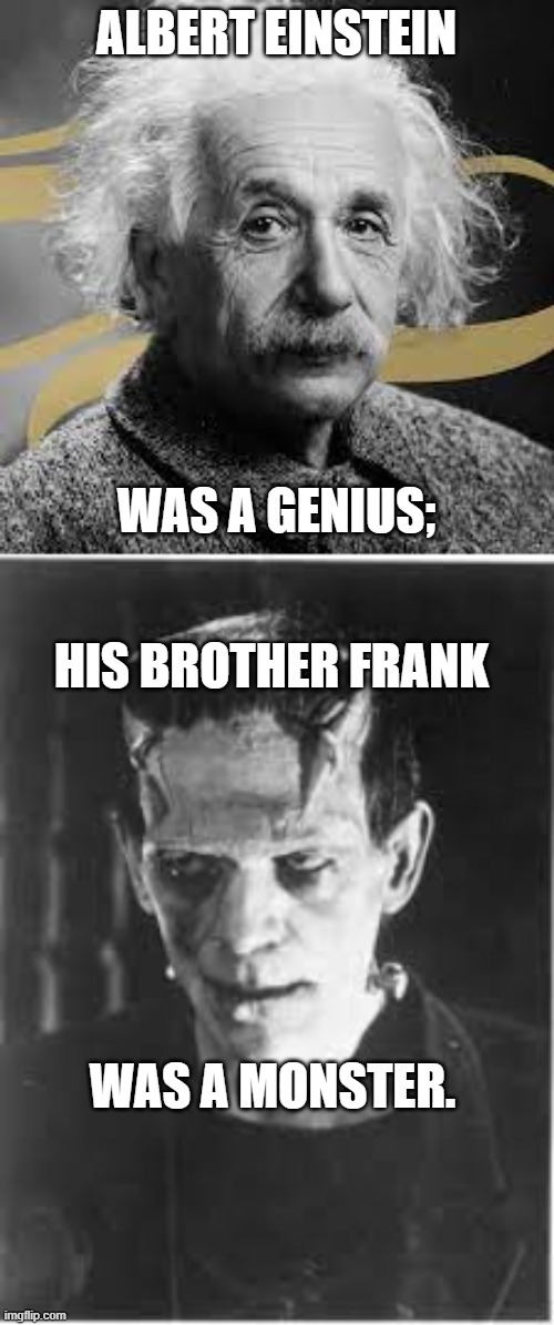 The Einstein Brothers | ALBERT EINSTEIN; WAS A GENIUS;; HIS BROTHER FRANK; WAS A MONSTER. | image tagged in funny,halloween | made w/ Imgflip meme maker