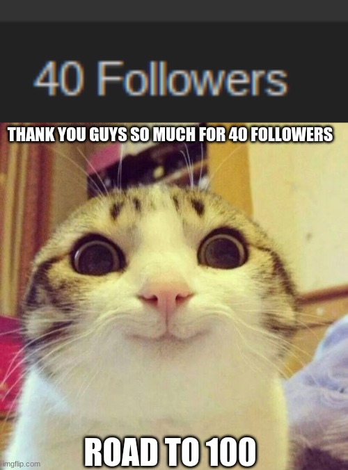 road to 100 | THANK YOU GUYS SO MUCH FOR 40 FOLLOWERS; ROAD TO 100 | image tagged in memes,smiling cat,road to 100 | made w/ Imgflip meme maker