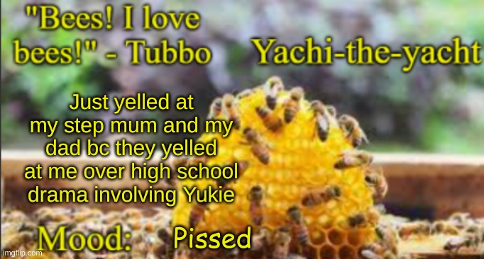 Yachi's bees temp | Just yelled at my step mum and my dad bc they yelled at me over high school drama involving Yukie; Pissed | image tagged in yachi's bees temp | made w/ Imgflip meme maker