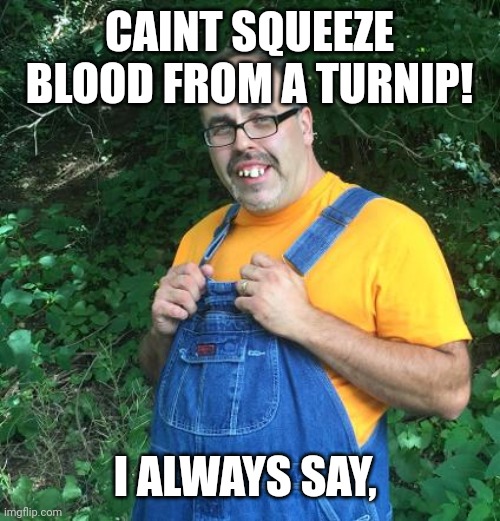 Hillbilly | CAINT SQUEEZE BLOOD FROM A TURNIP! I ALWAYS SAY, | image tagged in hillbilly | made w/ Imgflip meme maker