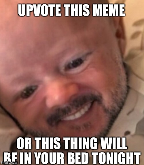 UPVOTE THIS MEME; OR THIS THING WILL BE IN YOUR BED TONIGHT | image tagged in cursed image,funny memes,oh wow are you actually reading these tags | made w/ Imgflip meme maker