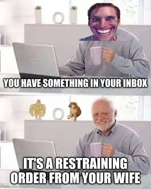 Hide the Pain Harold Meme | YOU HAVE SOMETHING IN YOUR INBOX; IT'S A RESTRAINING ORDER FROM YOUR WIFE | image tagged in memes,hide the pain harold | made w/ Imgflip meme maker