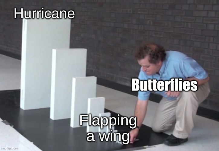 Domino Effect | Hurricane; Butterflies; Flapping a wing | image tagged in domino effect | made w/ Imgflip meme maker