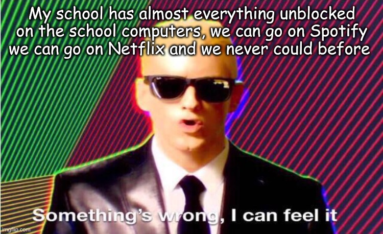 Something’s wrong | My school has almost everything unblocked on the school computers, we can go on Spotify we can go on Netflix and we never could before | image tagged in something s wrong | made w/ Imgflip meme maker