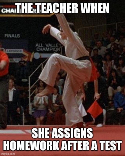 karate kid | THE TEACHER WHEN; SHE ASSIGNS HOMEWORK AFTER A TEST | image tagged in karate kid | made w/ Imgflip meme maker