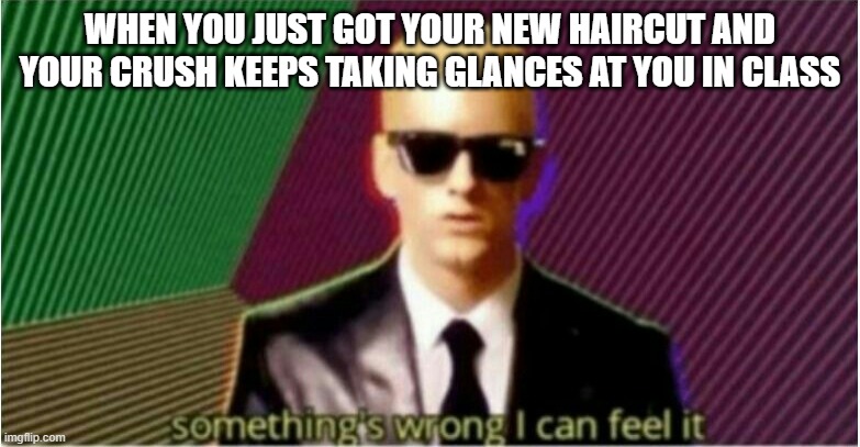 Oh No | WHEN YOU JUST GOT YOUR NEW HAIRCUT AND YOUR CRUSH KEEPS TAKING GLANCES AT YOU IN CLASS | image tagged in rap god - something's wrong | made w/ Imgflip meme maker