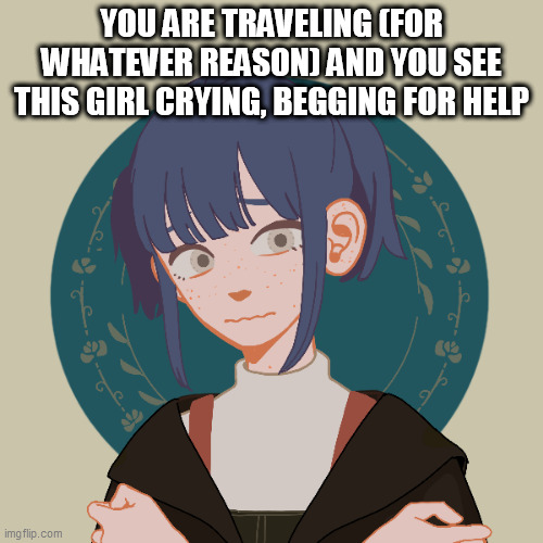 (No killing anyone but you may take/hurt them) | YOU ARE TRAVELING (FOR WHATEVER REASON) AND YOU SEE THIS GIRL CRYING, BEGGING FOR HELP | made w/ Imgflip meme maker