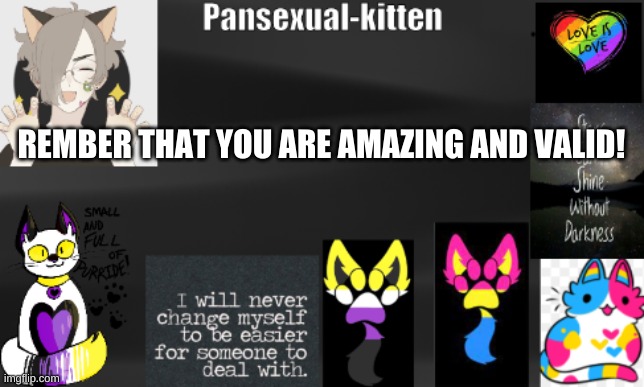 =} | REMBER THAT YOU ARE AMAZING AND VALID! | image tagged in -pansexual-kitten- | made w/ Imgflip meme maker