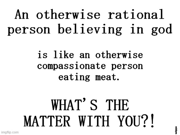 Religion and Meat |  An otherwise rational
person believing in god; is like an otherwise
compassionate person
eating meat. WHAT'S THE
MATTER WITH YOU?! minkpen | image tagged in vegan,atheist,christian,god,reason,compassion | made w/ Imgflip meme maker