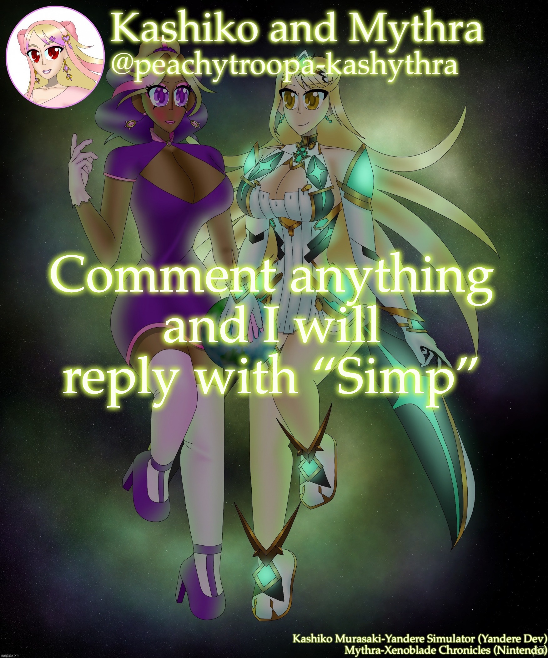 Kashiko Murasaki and Mythra | Comment anything and I will reply with “Simp” | image tagged in kashiko murasaki and mythra | made w/ Imgflip meme maker