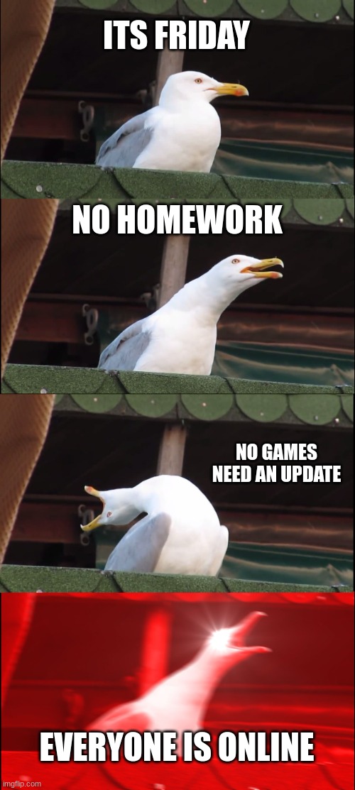 very rare friday | ITS FRIDAY; NO HOMEWORK; NO GAMES NEED AN UPDATE; EVERYONE IS ONLINE | image tagged in memes,inhaling seagull,gaming | made w/ Imgflip meme maker