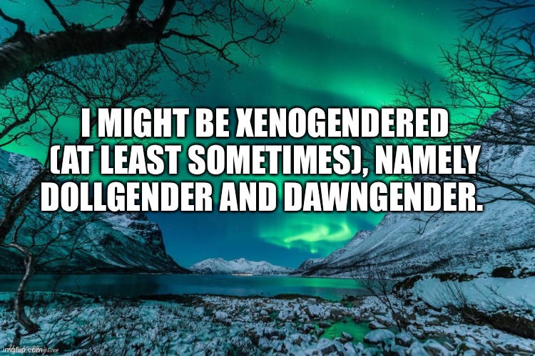 Northern Lights Announcement | I MIGHT BE XENOGENDERED (AT LEAST SOMETIMES), NAMELY DOLLGENDER AND DAWNGENDER. | image tagged in northern lights announcement | made w/ Imgflip meme maker