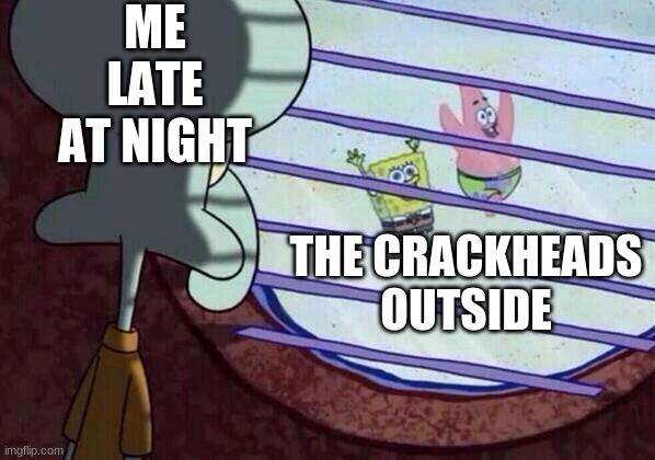 tottally | ME LATE AT NIGHT; THE CRACKHEADS OUTSIDE | image tagged in squidward window | made w/ Imgflip meme maker