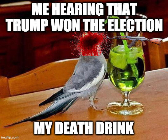 Big Sip | ME HEARING THAT TRUMP WON THE ELECTION; MY DEATH DRINK | image tagged in big sip | made w/ Imgflip meme maker