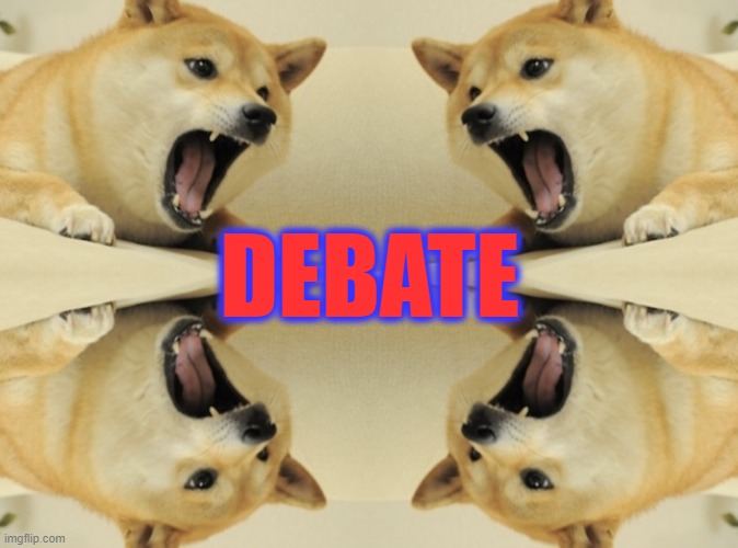Debate questions in the comments. Answering isn't a requirement, but if you don't I'll ban you. | DEBATE | image tagged in doge bark,jk,i won't ban you,chill,it's a joke,have fun | made w/ Imgflip meme maker