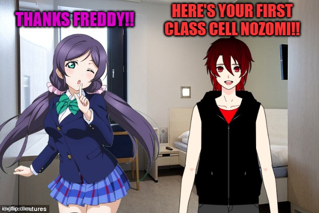 Taking Nozomi to Bad girl Jail for messing with Xen | HERE'S YOUR FIRST CLASS CELL NOZOMI!! THANKS FREDDY!! | image tagged in jail,waifu,anime girl,love live | made w/ Imgflip meme maker