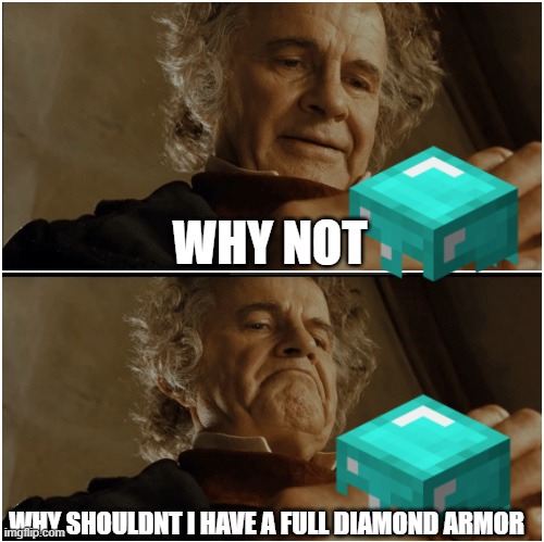 why not | WHY NOT; WHY SHOULDNT I HAVE A FULL DIAMOND ARMOR | image tagged in minecraft,gaming | made w/ Imgflip meme maker