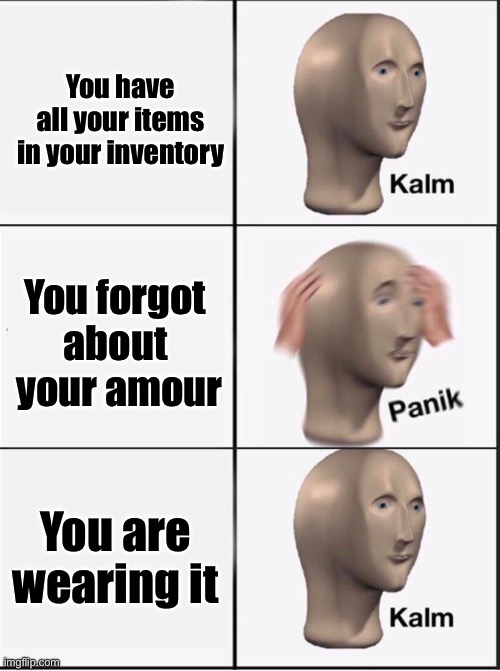 Reverse kalm panik | You have all your items in your inventory; You forgot about  your amour; You are wearing it | image tagged in reverse kalm panik | made w/ Imgflip meme maker