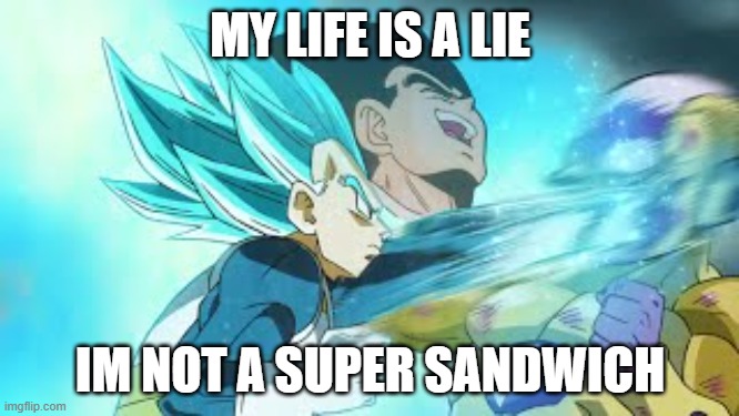 Laughing Vegeta | MY LIFE IS A LIE; IM NOT A SUPER SANDWICH | image tagged in laughing vegeta | made w/ Imgflip meme maker