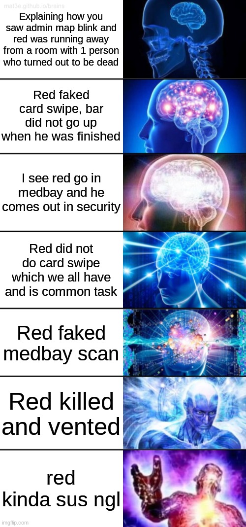 7-Tier Expanding Brain | Explaining how you saw admin map blink and red was running away from a room with 1 person who turned out to be dead; Red faked card swipe, bar did not go up when he was finished; I see red go in medbay and he comes out in security; Red did not do card swipe which we all have and is common task; Red faked medbay scan; Red killed and vented; red kinda sus ngl | image tagged in 7-tier expanding brain | made w/ Imgflip meme maker