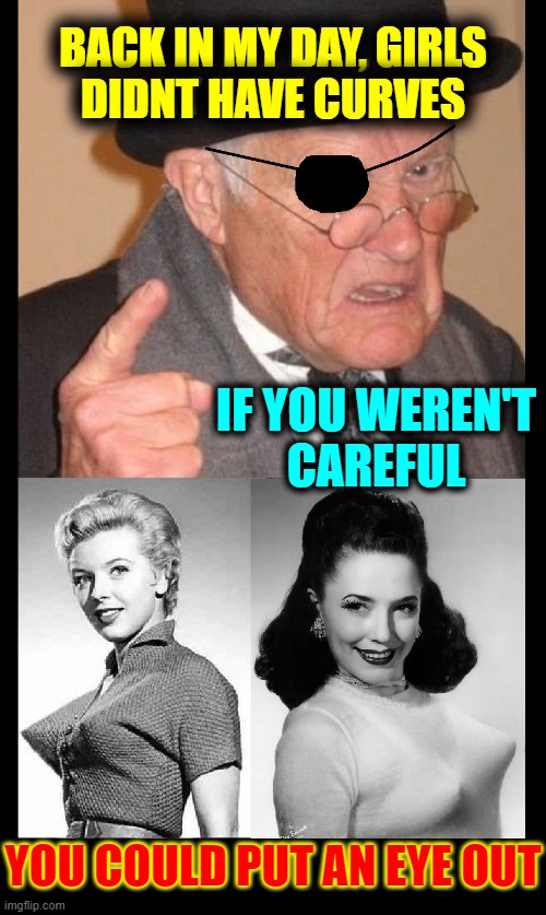 BACK IN MY DAY, GIRLS
DIDNT HAVE CURVES; IF YOU WEREN'T
CAREFUL; YOU COULD PUT AN EYE OUT | image tagged in vince vance,back in my day,memes,eye patch,pointy,bras | made w/ Imgflip meme maker