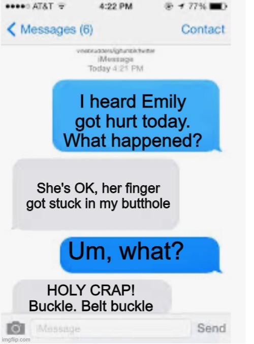 Yikes | I heard Emily got hurt today. What happened? She's OK, her finger got stuck in my butthole; Um, what? HOLY CRAP! Buckle. Belt buckle | image tagged in blank text conversation,butthole,texting fail,autocorrect,why are you reading this,smgs are da best | made w/ Imgflip meme maker