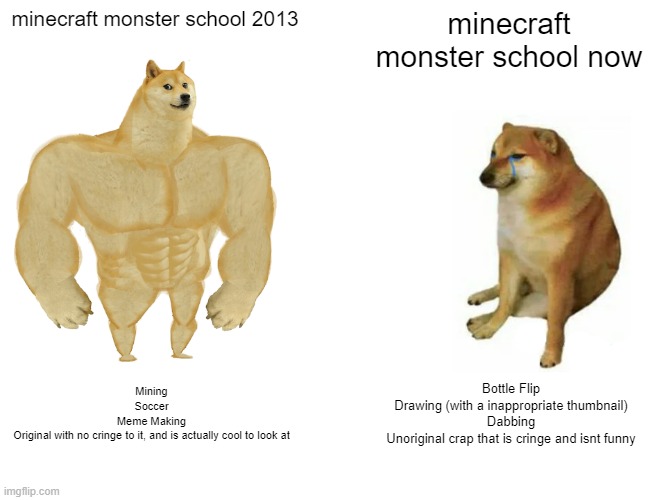 Buff Doge vs. Cheems | minecraft monster school 2013; minecraft monster school now; Mining
Soccer
Meme Making
Original with no cringe to it, and is actually cool to look at; Bottle Flip
Drawing (with a inappropriate thumbnail)
Dabbing
Unoriginal crap that is cringe and isnt funny | image tagged in memes,buff doge vs cheems | made w/ Imgflip meme maker