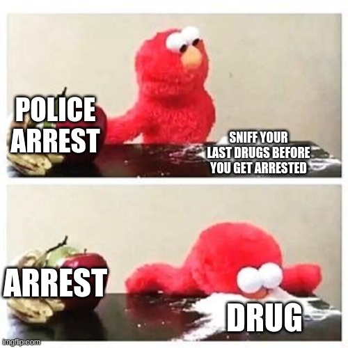 elmo cocaine | POLICE ARREST; SNIFF YOUR LAST DRUGS BEFORE YOU GET ARRESTED; ARREST; DRUG | image tagged in elmo cocaine | made w/ Imgflip meme maker