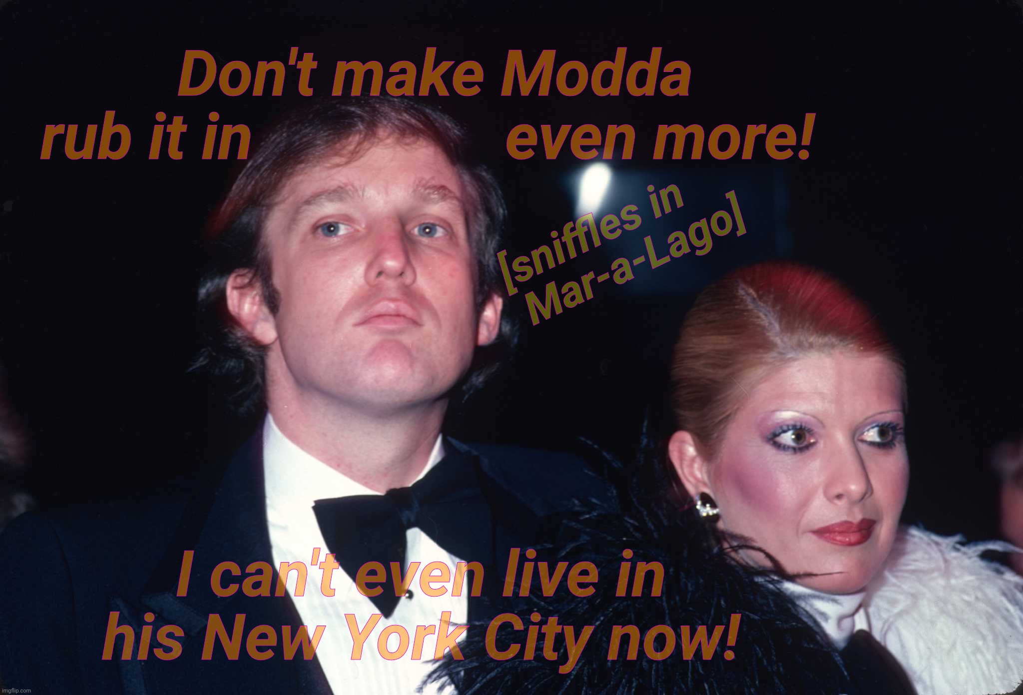 Don't make Modda
rub it in                even more! [sniffles in
      Mar-a-Lago]; I can't even live in
his New York City now! | made w/ Imgflip meme maker