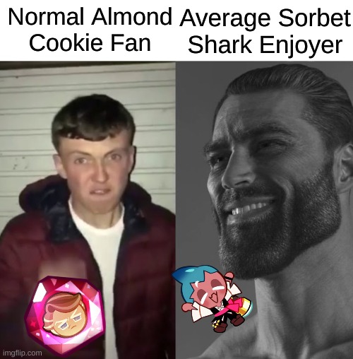 real | Average Sorbet Shark Enjoyer; Normal Almond Cookie Fan | image tagged in average fan vs average enjoyer | made w/ Imgflip meme maker
