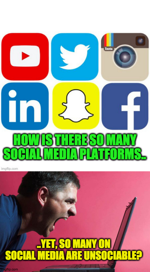 This is being sociable? | HOW IS THERE SO MANY SOCIAL MEDIA PLATFORMS.. ..YET, SO MANY ON SOCIAL MEDIA ARE UNSOCIABLE? | image tagged in fun | made w/ Imgflip meme maker