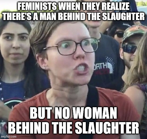 Triggered feminist | FEMINISTS WHEN THEY REALIZE THERE'S A MAN BEHIND THE SLAUGHTER BUT NO WOMAN BEHIND THE SLAUGHTER | image tagged in triggered feminist,the man behind the slaughter,feminists when,feminist,fnaf | made w/ Imgflip meme maker