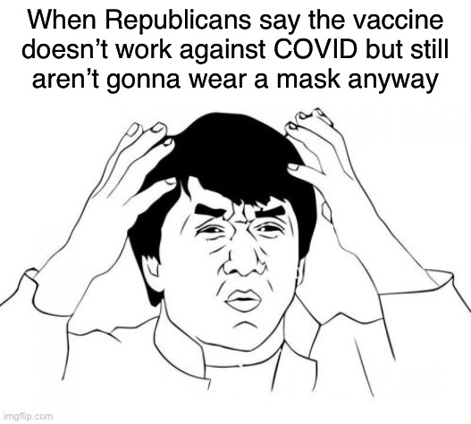 You just hate people and their welfare | When Republicans say the vaccine
doesn’t work against COVID but still
aren’t gonna wear a mask anyway | image tagged in memes,jackie chan wtf,conservative logic,republicans,covidiots,covid-19 | made w/ Imgflip meme maker
